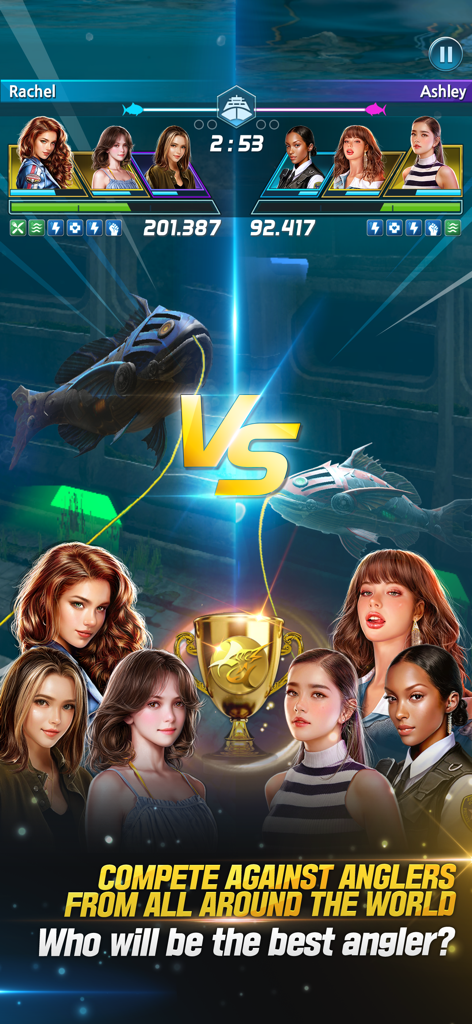 Competitive battle screen in Ace Fishing Crew showing teams of anglers competing globally with high scores and a golden trophy