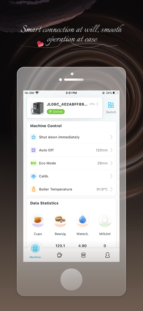 Jetinno Coffee App dashboard for smart machine control and usage statistics