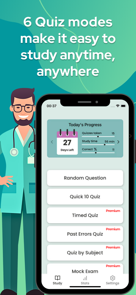 CNM Midwifery Exam Prep app interface showing six study quiz modes and a daily progress dashboard with a countdown to the exam.