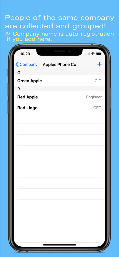 TEL Plus Pro-Oberfläche, die Kontakte zeigt, die auf dem iPhone nach Firmennamen organisiert sind