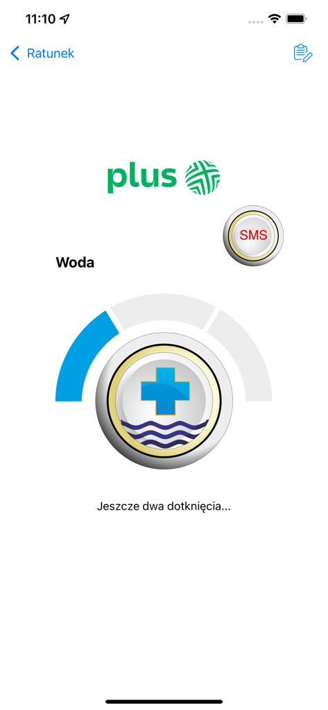 Ratunek - Interfaccia dell'app Ratunek per segnalare emergenze in acqua con un grande pulsante di chiamata e l'opzione di condivisione della posizione tramite SMS
