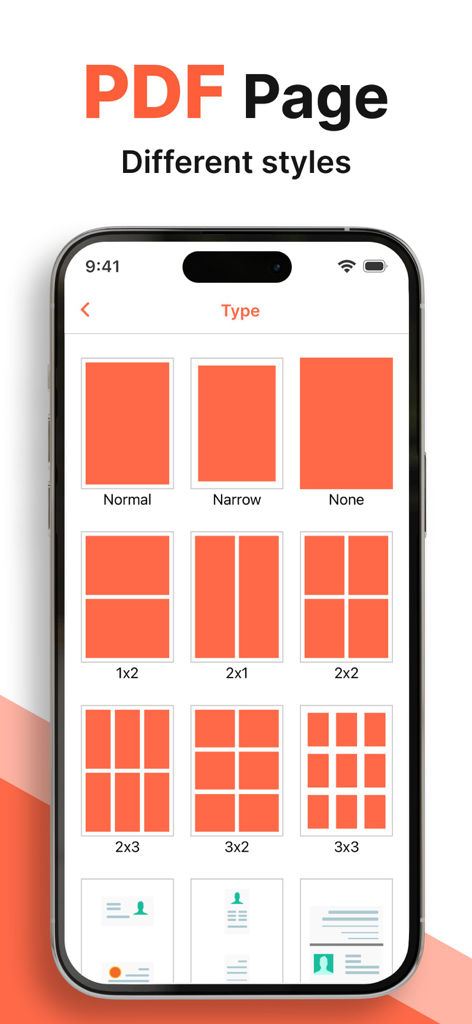 Un'interfaccia di smartphone che mostra vari stili di layout di pagina PDF e configurazioni di griglia di immagini per la conversione di documenti.