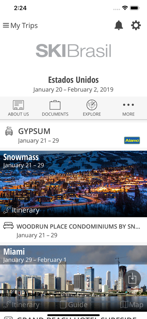 TTW Trips - Pantalla de la aplicación móvil que muestra un itinerario de viaje personalizado con destinos de esquí y de ciudad.