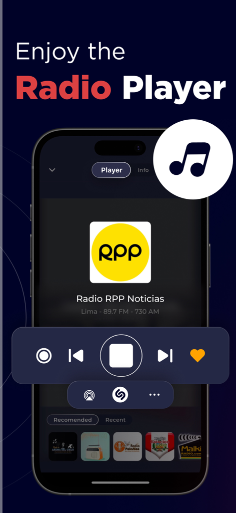 Radio Peru - Live FM & AM - Radio Peru app player interface showing RPP Noticias station with playback controls