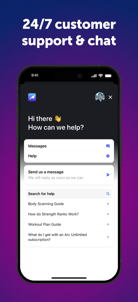 Interfaz de la aplicación Arc AI que muestra opciones de soporte al cliente y centro de ayuda 24/7