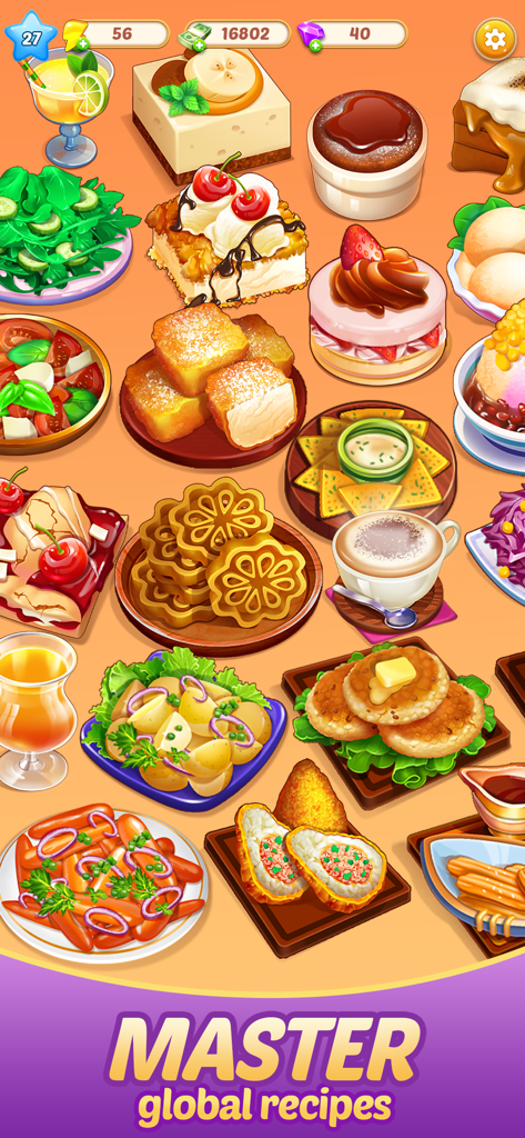 A variety of beautifully designed food items including salads, cakes, and coffee from the Merge Food mobile game with the text Master global recipes.
