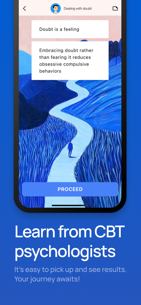 A mobile screen showing a CBT lesson for OCD about embracing doubt with a blue illustration of a person on a path