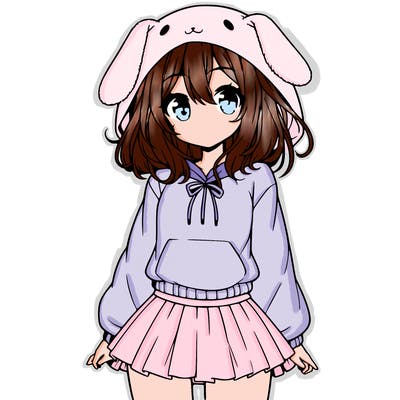 pretty anime girl wearing a fluffy hoodie with bunny ears on the hood and a skirt