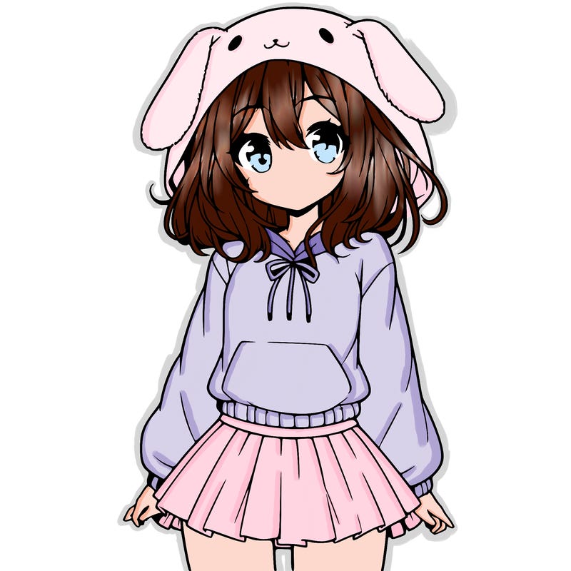 pretty anime girl wearing a fluffy hoodie with bunny ears on the hood and a skirt