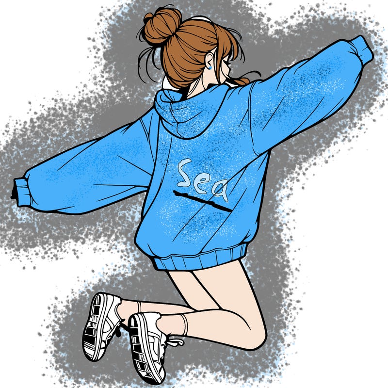 realistic girl jumping with a bun and oversized sweatshirt