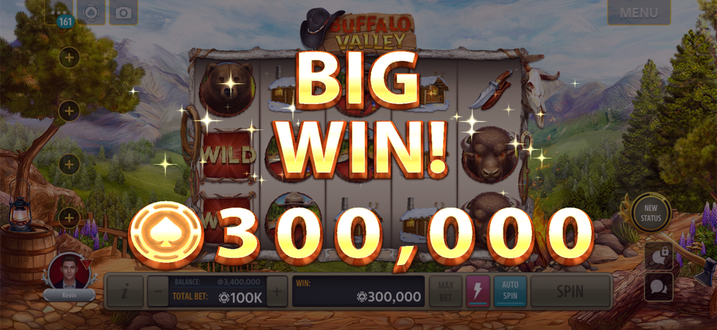 Jackpot Buffalo Slots - Notificación de gran victoria con 300000 fichas mostradas en una máquina tragaperras temática de búfalo