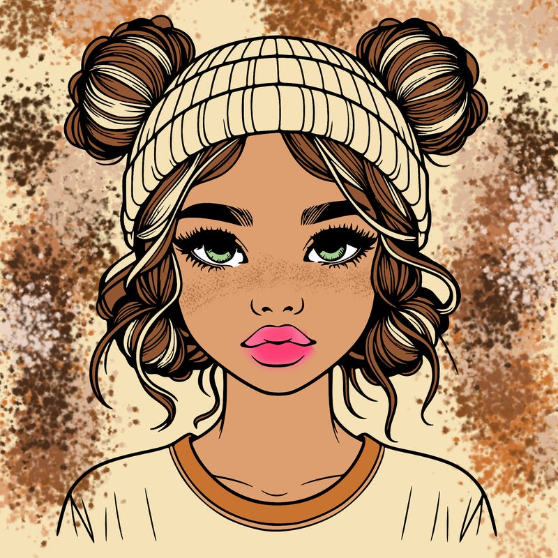 realistic girl with buns in her hair with a beanie on