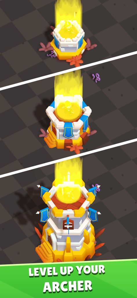 Visual progression showing three stages of tower evolution and upgrades in Idle Archer Tower Defense RPG