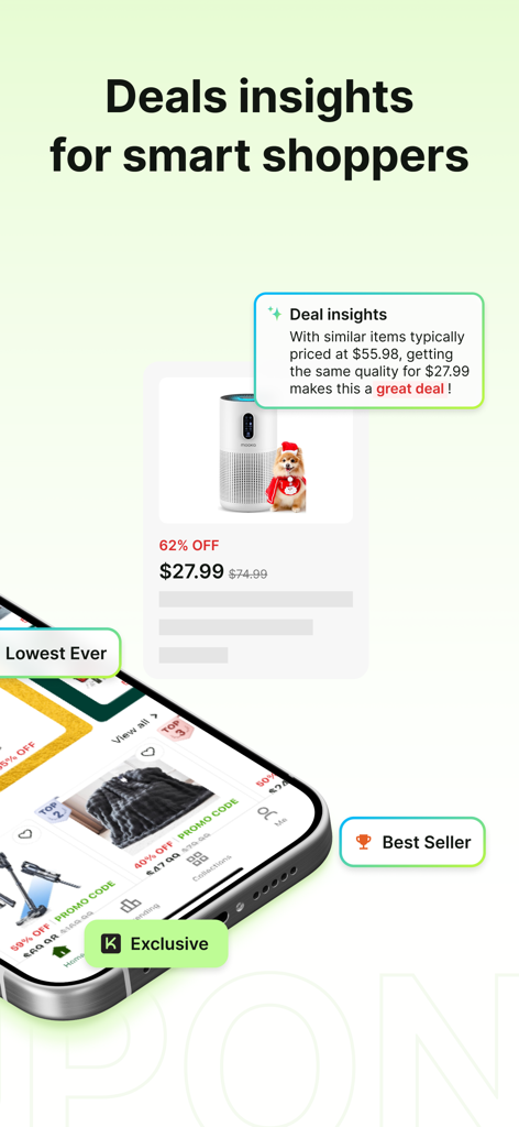 Mobile app interface displaying discount history and price comparison insights for an air purifier deal