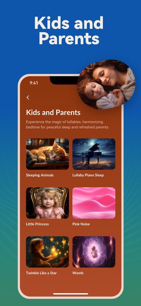 Una schermata dall'App Sonora ADHD che mostra vari suoni per dormire e ninne nanne progettate per bambini e genitori.