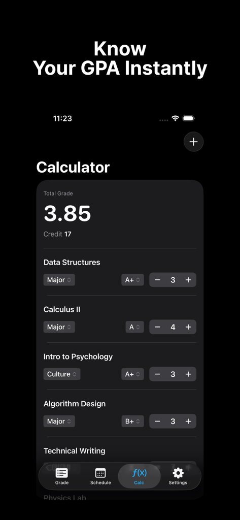 A Plus - GPA & Grade Tracker - Mobile app interface of A Plus GPA Tracker showing a 3.85 grade average and a list of university courses with assigned grades