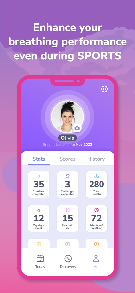 Airyn, the asthma app - Airlyn app dashboard displaying personal breathing statistics and progress for sports performance