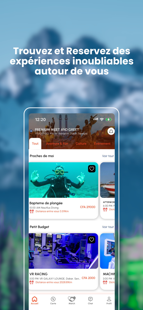 ATAYA : Activities, Matching - ATAYA app home screen showing local activities for booking like scuba diving and VR racing with matching features