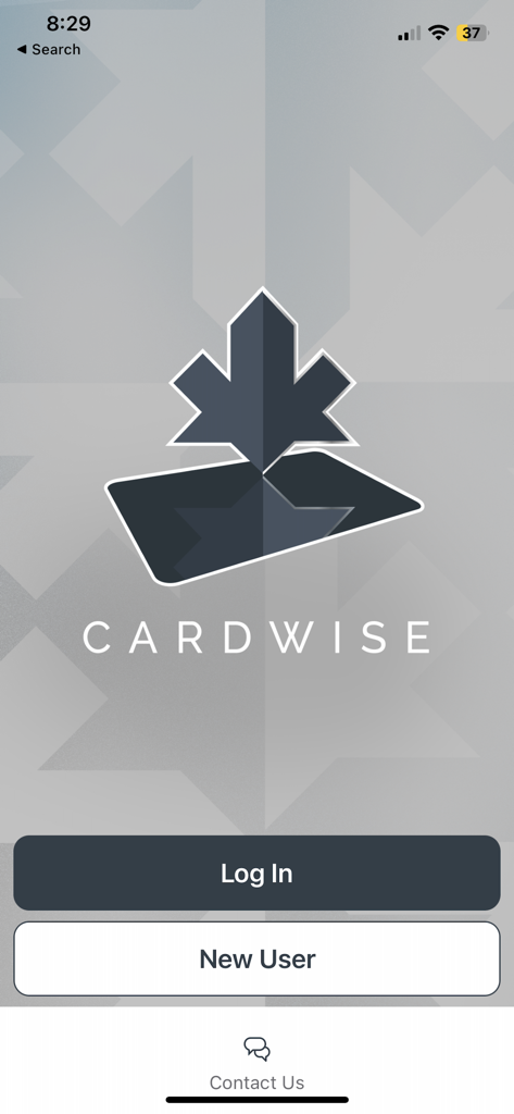 CardWise Mobile - Login screen of the CardWise Mobile app showing the logo with Log In and New User buttons