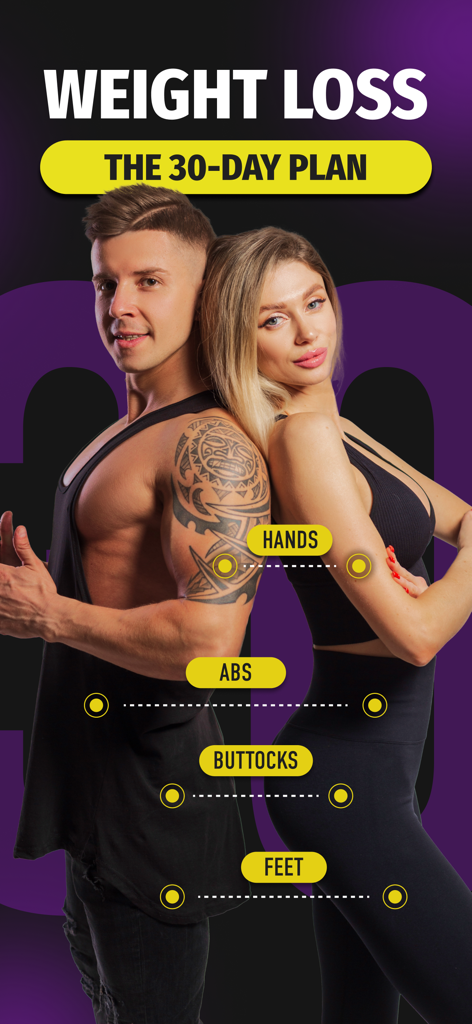 Lose Weight in 30 Days-Fitness - 30일 안에 체중 감량 피트니스 앱 홍보 배너, 홈 트레이닝을 위한 신체 목표 영역 포함