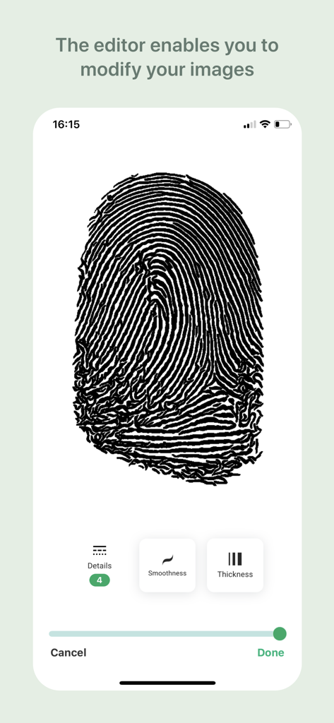 MyMarq - A fingerprint image being edited in the MyMarq app with adjustment tools for smoothness and thickness.