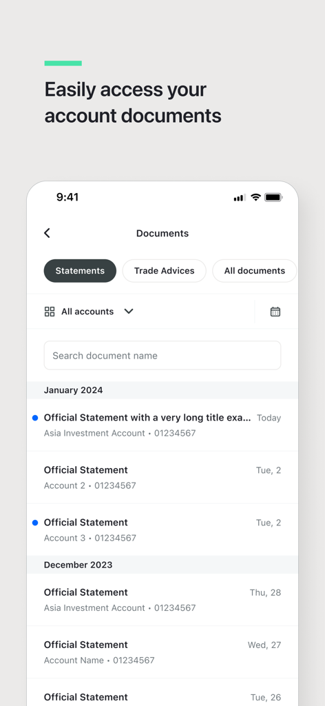 Interface of the J.P. Morgan Private Bank app showing a list of official account statements and documents with filtering options.