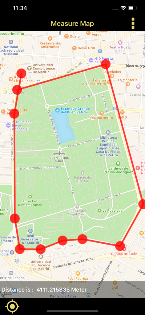 Distance & Area Measure On Map - Mobile app interface showing a red perimeter line drawn on a city map to measure a specific distance