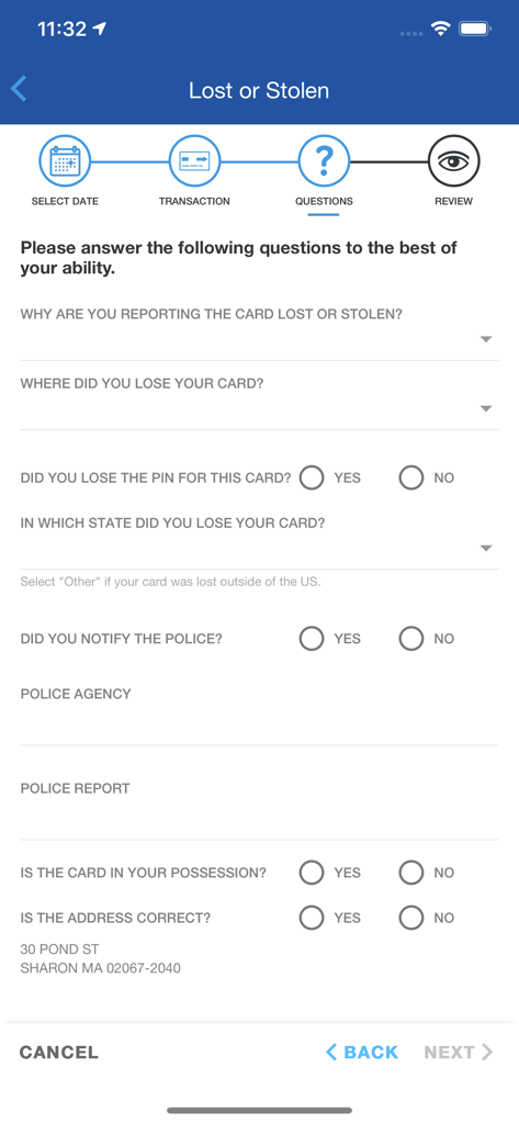 SCU Credit Card - Sharon Credit Union app interface for reporting a lost or stolen credit card with questionnaire fields