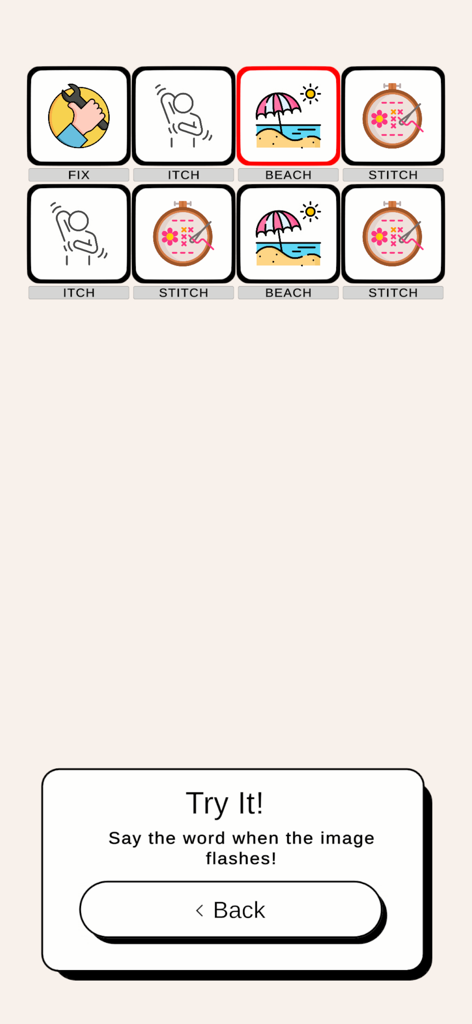 Word On Beat! - Gameplay screen of Word On Beat showing icons for rhyming words like beach and stitch with instructions to speak on the beat.