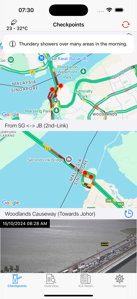 Real-time traffic maps and live camera feeds for Singapore Malaysia checkpoints
