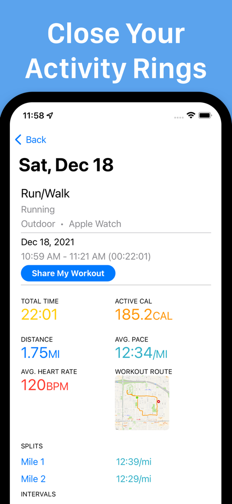 Intervals Pro: HIIT Timer - A detailed fitness summary in Intervals Pro showing calories distance heart rate and a map route