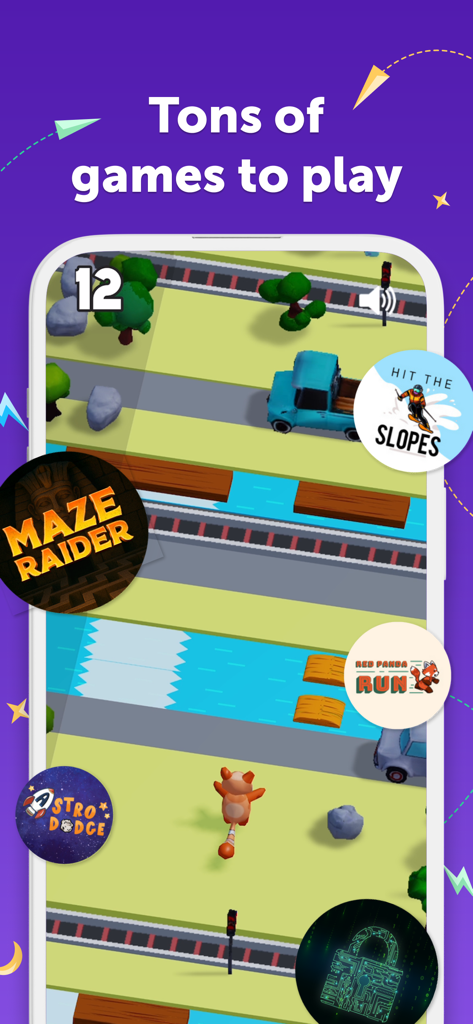 Kinzoo: Fun All-Ages Messenger - Capture d'écran de l'application Kinzoo montrant une variété de mini-jeux sûrs et interactifs pour enfants comme Red Panda Run et Maze Raider.