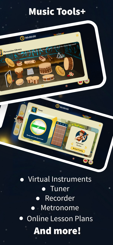 World of Music - La pantalla de la aplicación World of Music mostrando instrumentos de percusión virtuales y un afinador de guitarra.