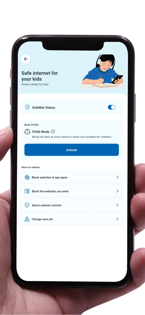 myWorldLink - Smartphone screen showing the myWorldLink app SafeNet interface with parental controls and child mode settings
