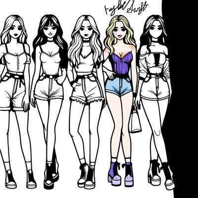 realistic group of full body girls with different aesthetics