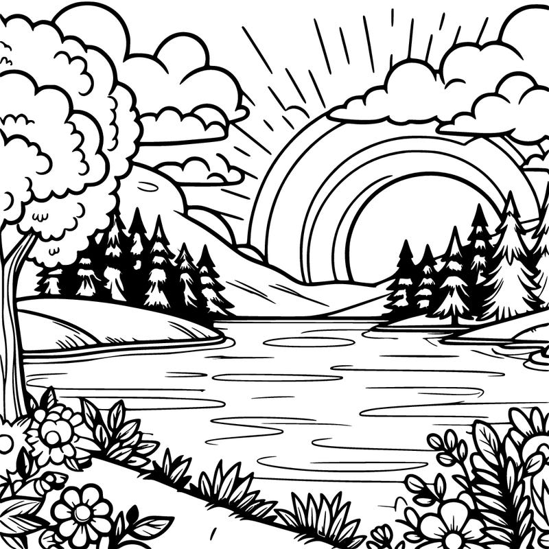 really pretty landscape with a beautiful lake, trees and a sunset