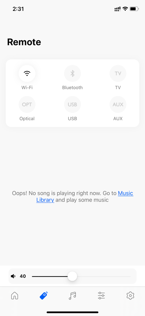 KEF Connect - Digital remote control interface in the KEF Connect app showing audio source selection and volume slider.