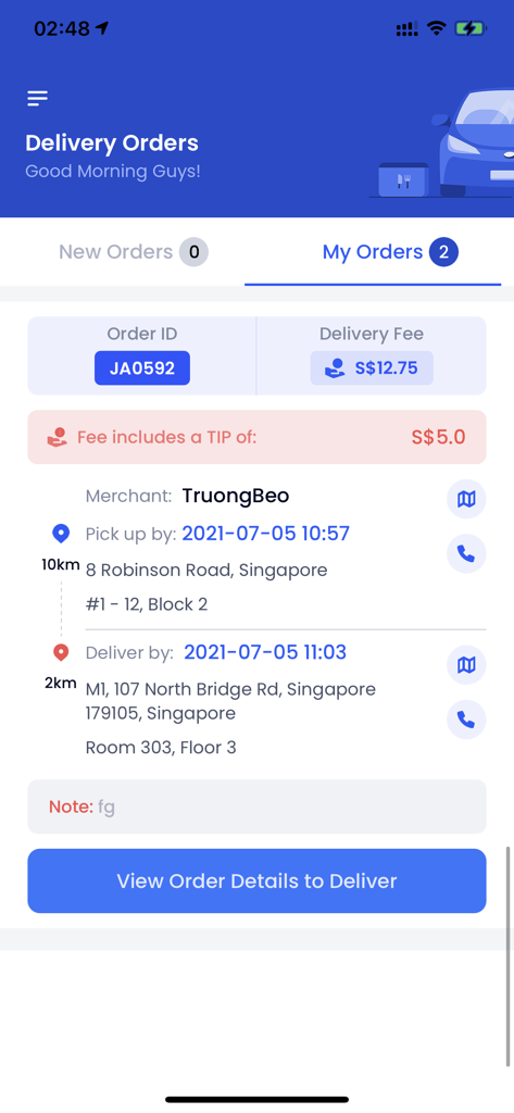 MilkRun app interface displaying active delivery order details with fee and locations