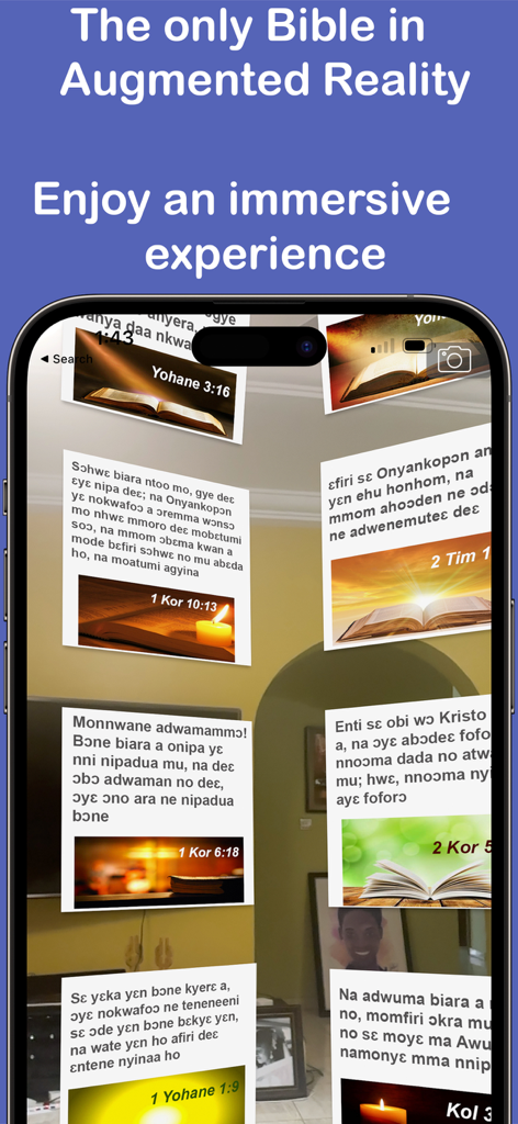 Augmented reality view of Twi Bible verses floating in a room