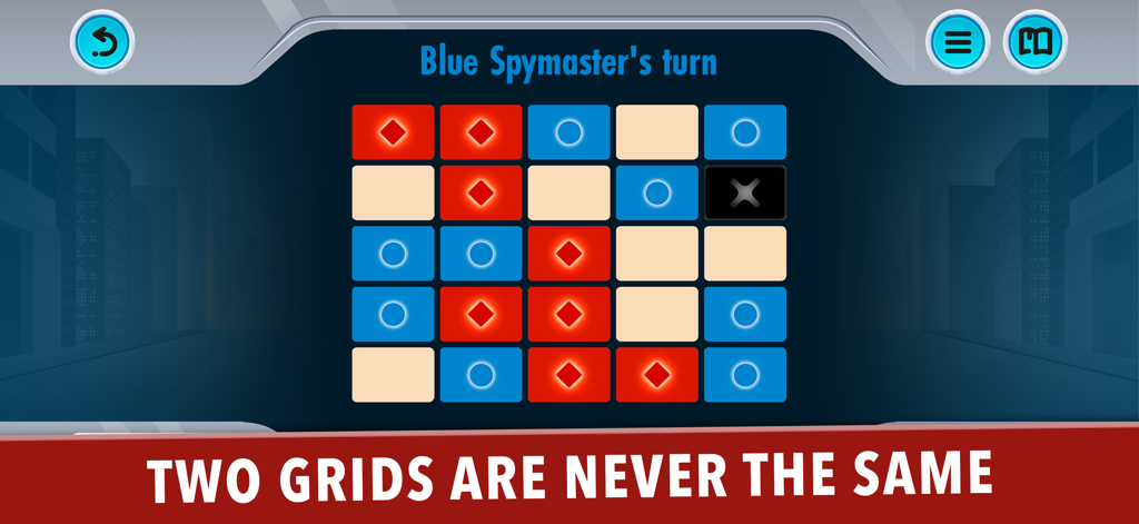 Una cuadrícula digital de tarjetas de clave de 5x5 en la aplicación complementaria de Codenames que muestra la vista del spymaster azul.