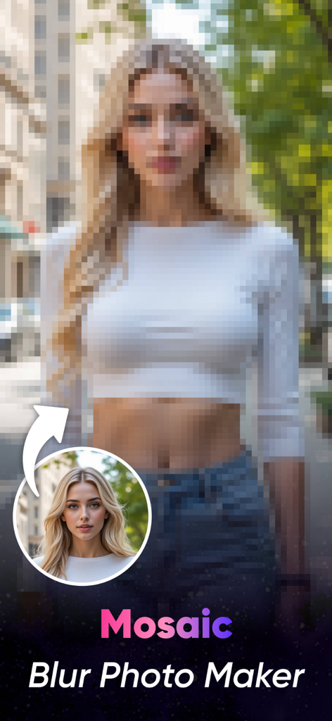 Un retrato de una mujer con un fuerte efecto de pixelación de mosaico aplicado para demostrar la capacidad de desenfoque de la aplicación