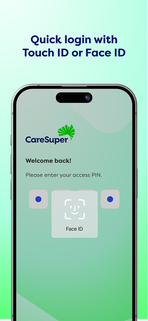 CareSuper - CareSuper app login screen featuring Touch ID and Face ID biometric authentication options.