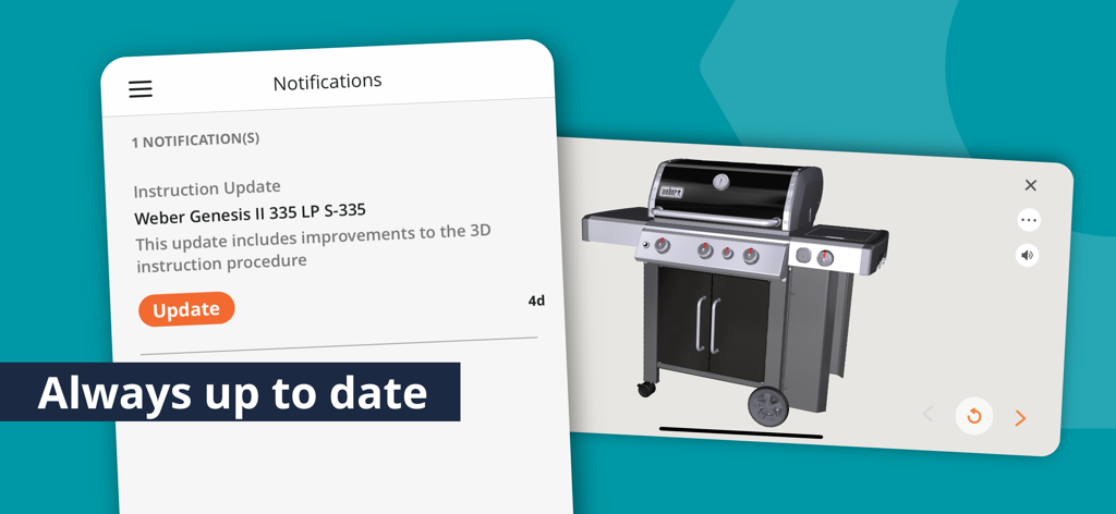 Notification for updated 3D assembly instructions on the BILT app for a Weber grill