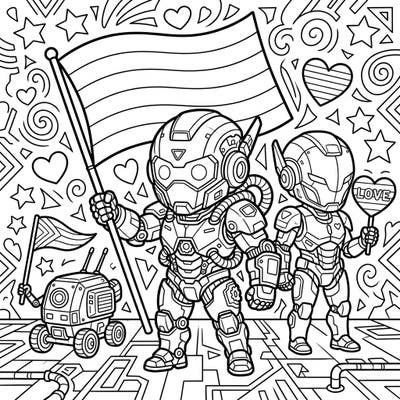 Get ready to color an exciting scene where adorable exploration cyborgs march in celebration of Pride Month. This unique design combines futuristic adventure with a powerful message of love and inclusivity.