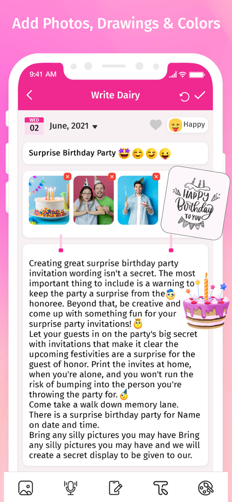 Secret Diary With Lock - A journal entry in the Secret Diary app showing a birthday party theme with photos, emojis, and stickers