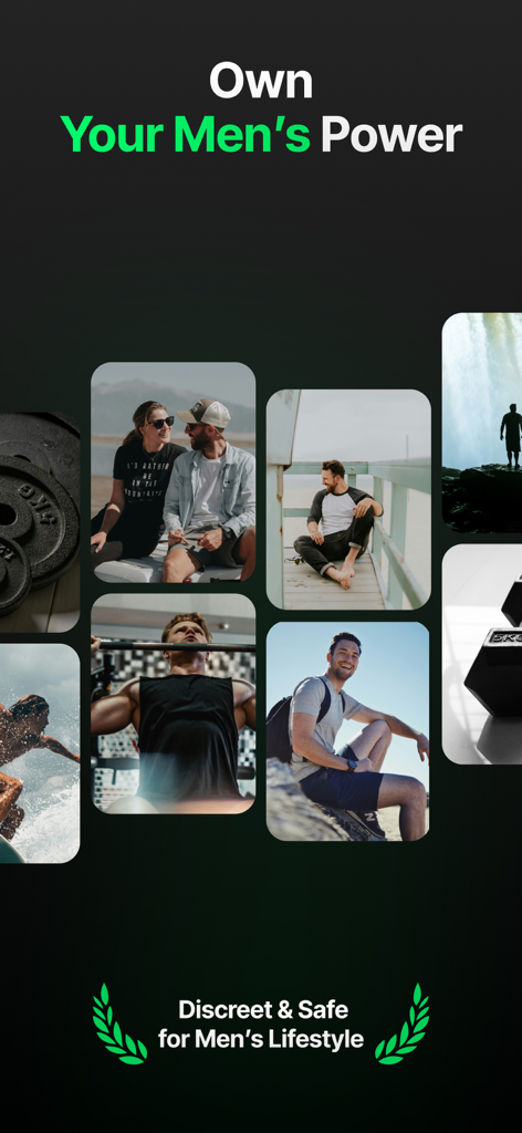 KegelUp: Kegel Trainer for Men - Eine Collage von aktiven Männern, die Gesundheit und Vitalität repräsentieren, mit dem Text Own Your Men's Power und Discreet and Safe for Men's Lifestyle.