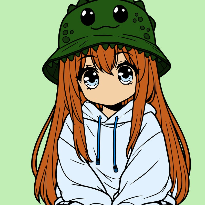 girl with anime shaped eyes with a dinosaur bucket hat oversized sweatshirt long straight hair