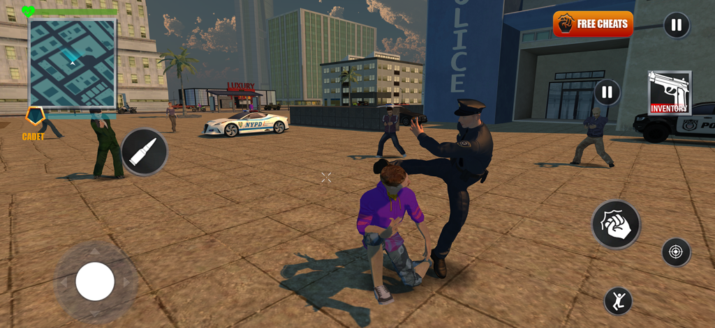 Police Simulator 2: Open World - A police officer character kicks a suspect in an open world city environment during gameplay