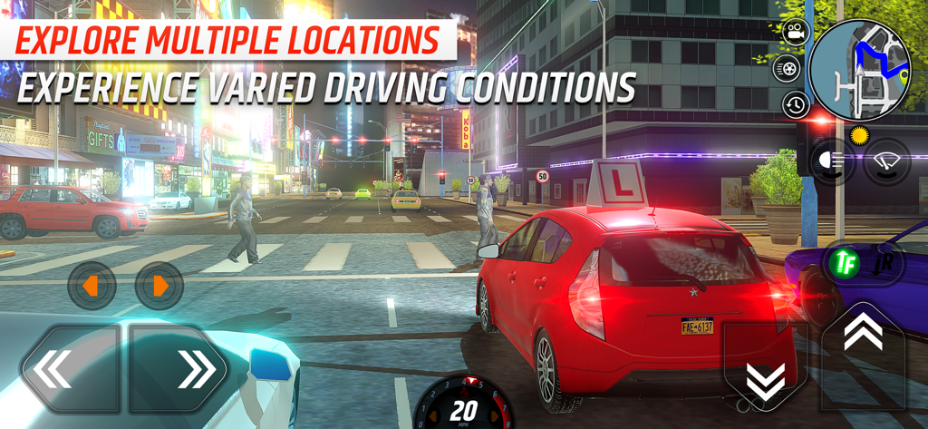 Car Driving School Simulator - Un coche rojo con una placa de aprendizaje conduciendo por una ciudad de noche en Car Driving School Simulator.