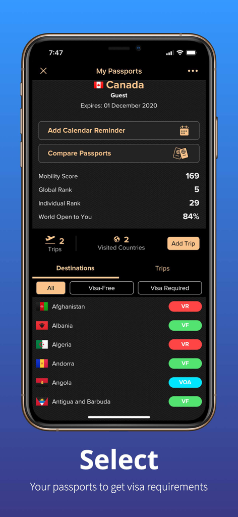 A mobile app interface displaying Canadian passport mobility score and visa requirements for various countries